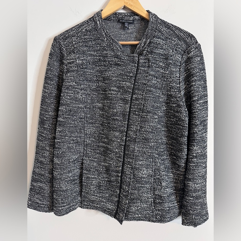 Eileen Fisher Tweed Knit Blazer Jacket Side Zip Black/White Heathered Large